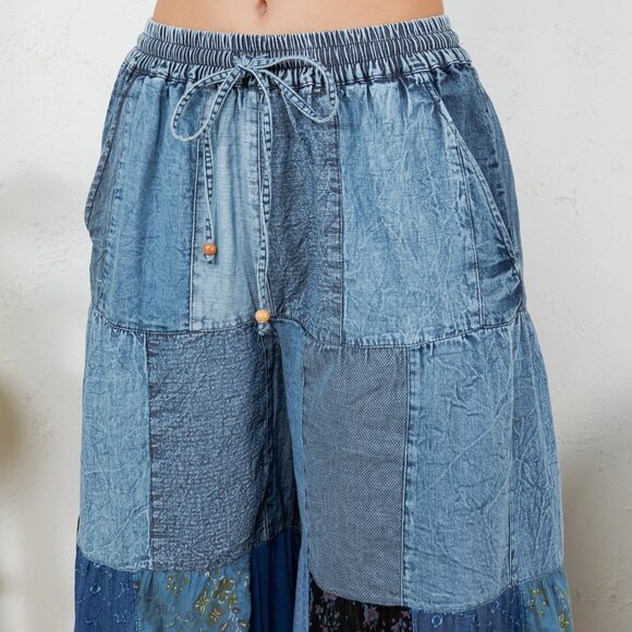 Western Boho Tiered Patchwork Denim Pants NWT Size Large - Picture 6 of 8